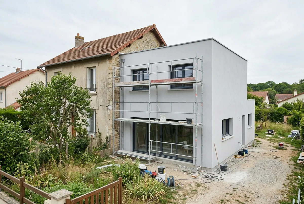 Extension à deux niveaux à toit plat en fin de chantier, accolée à une maison, échafaudage encore en place