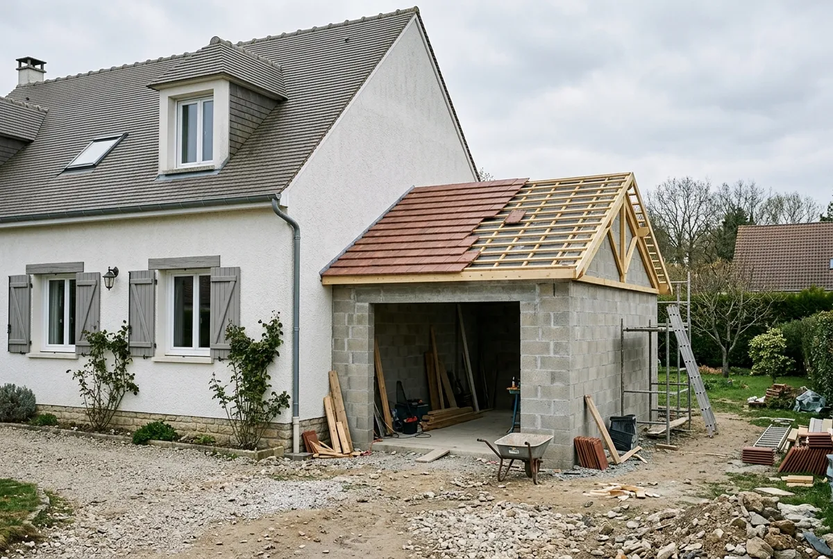 Garage attenant en construction contre le pignon d’une maison, charpente posée, couverture en cours